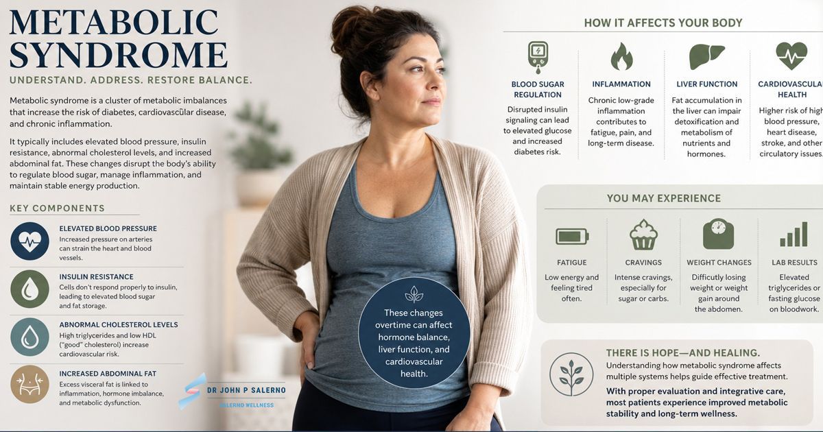 Click to Enlarge Metabolic syndrome infographic with woman standing beside health stats and icons on a light background