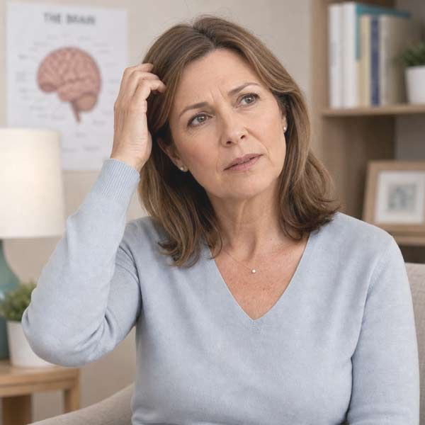 Woman with Mild Cognitive Impairment in a light blue sweater touching her head, looking concerned in an office-like room