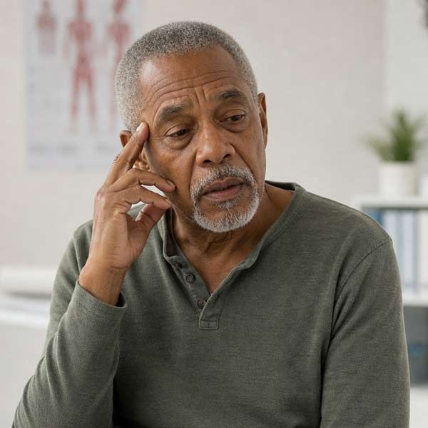 Man with Mixed Dementia sitting indoors with his hand to his temple, looking confusedl in a green shirt