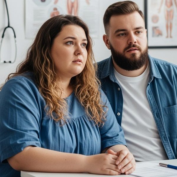 Two obese people in blue shirts are seated at a table in a medical office, looking attentively ahead.