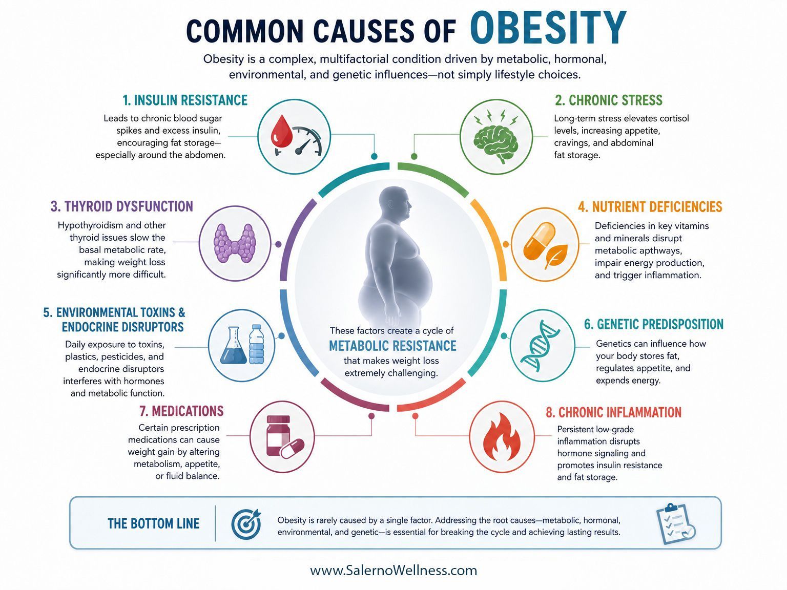 Infographic titled “Common Causes of Obesity” with central figure and colorful icons for diet, inactivity, sleep, stress, and genetics