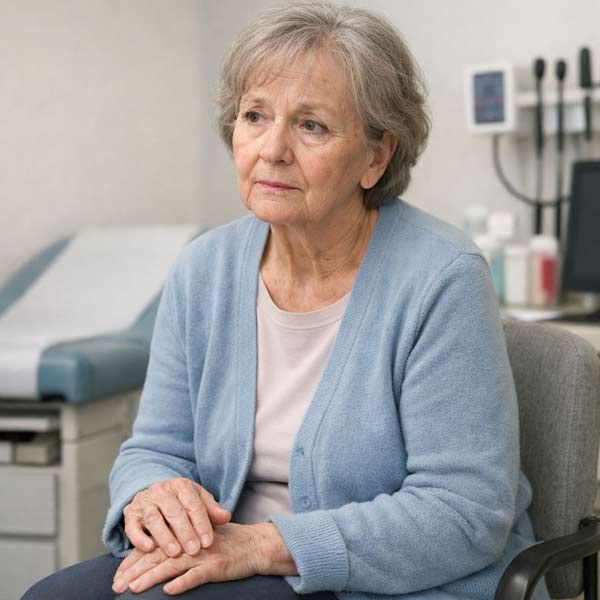 Older woman with Parkinson's Disease Dementia sitting in a clinic exam room, wearing a light blue cardigan and looking thoughtfully to the side