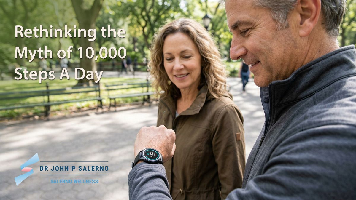 Two people over 50 walking checking a fitness watch, with text about the myth of 10,000 steps a day.