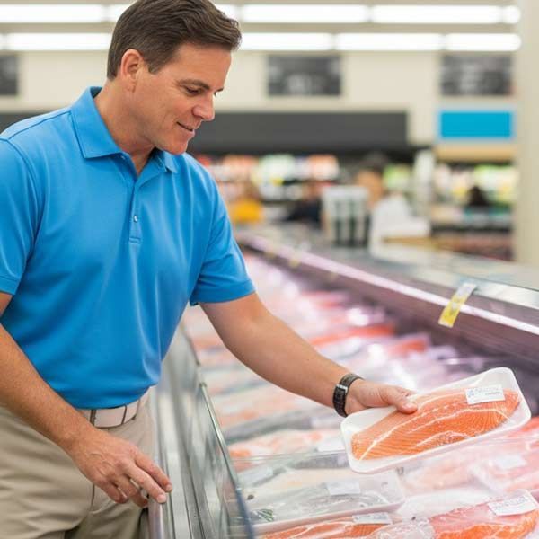 Dr. John Salerno in a blue polo shirt selects a package of fresh salmon from a refrigerated grocery store display case.
