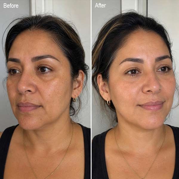 Side-by-side before-and-after portraits of a woman against a gray background, showing a subtle smile in the after Skin Tone and Texture Enhancement