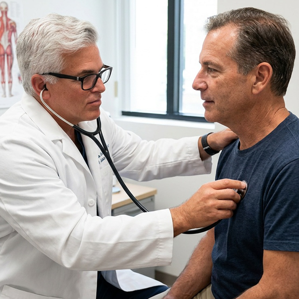 Dr. John Salerno examining a patient for chronic stress with a stethoscope in a bright medical office