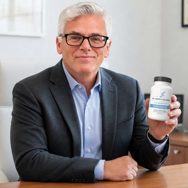 Dr John Salerno Picture with Supplements He Developed from Over Thirty Years of Medical Care Experience