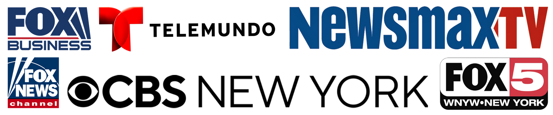 Logos of Fox Business, Telemundo, NewsmaxTV, Fox News, CBS New York, and Fox 5 New York.