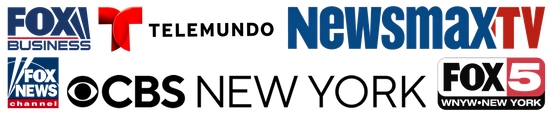 Logos of Fox Business, Telemundo, NewsmaxTV, Fox News, CBS New York, and Fox 5 New York.