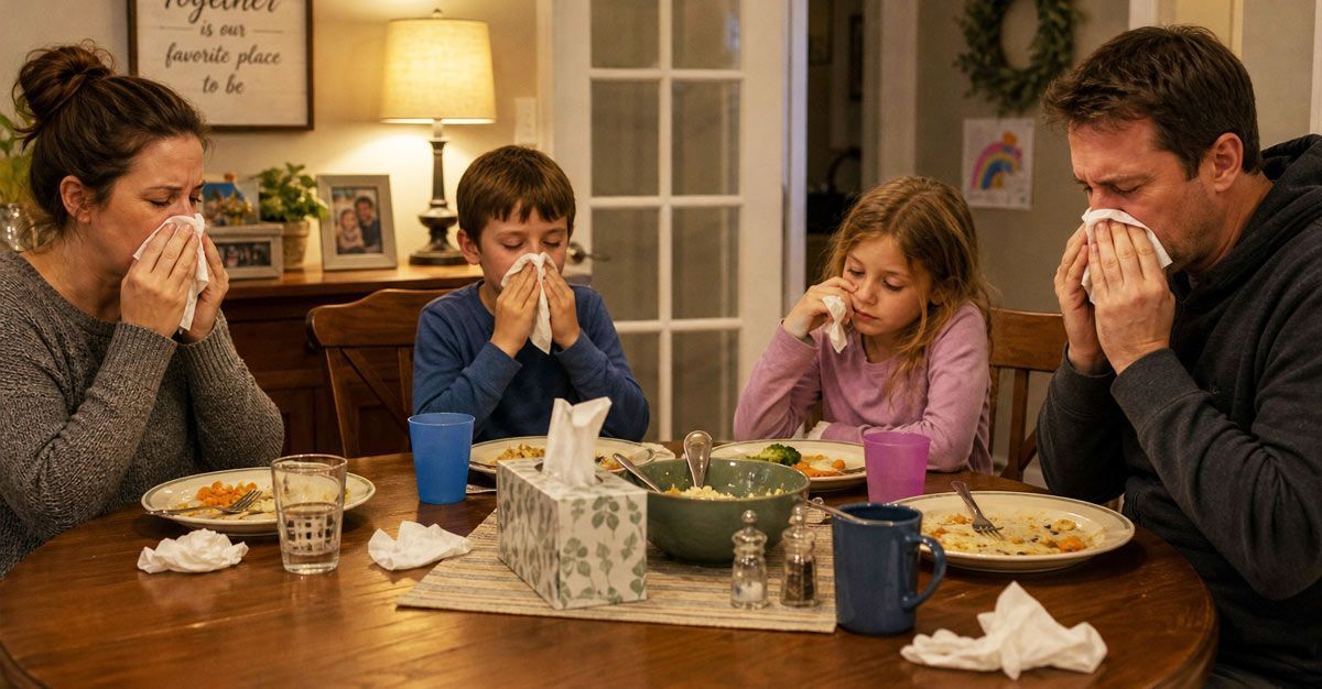 Family with runny noses sitting at a dinner table, eating quietly in a warmly lit dining room.