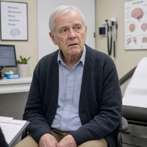 An older man with cognitive function decline sits in a medical exam room, wearing a blue shirt and dark cardigan, with anatomy posters behind him.