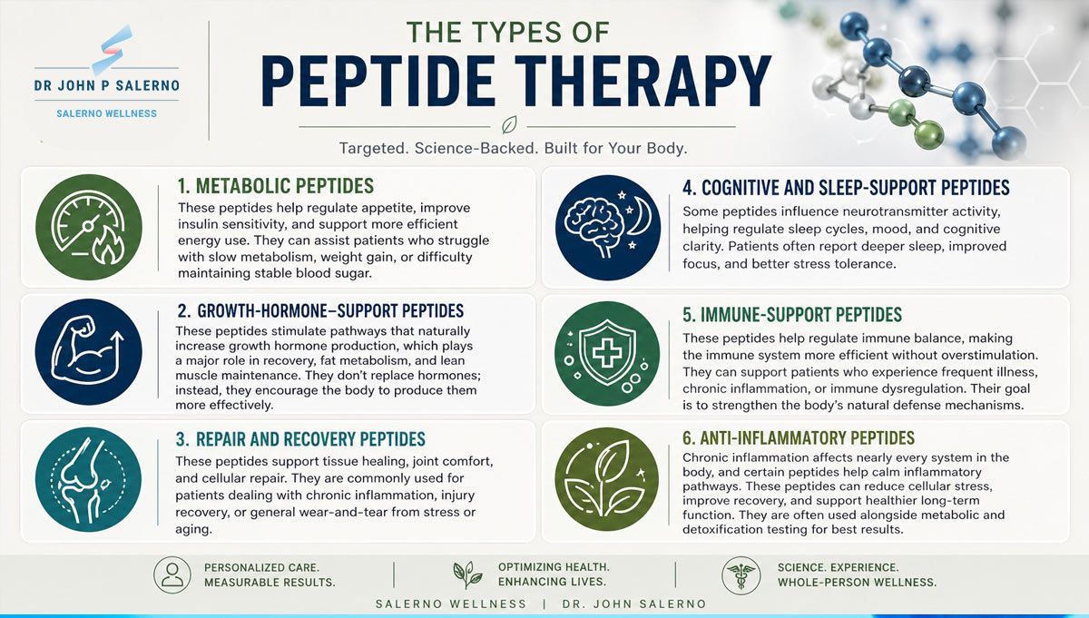 Infographic titled “The Types of Peptide Therapy” with six colored circular icons and short descriptions.