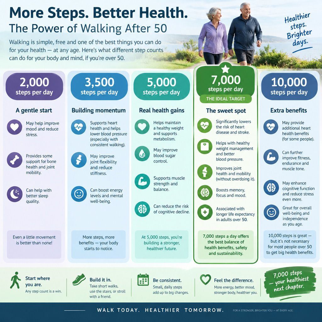Infographic on walking after 50, comparing 2,000 to 10,000 steps a day with health benefits.