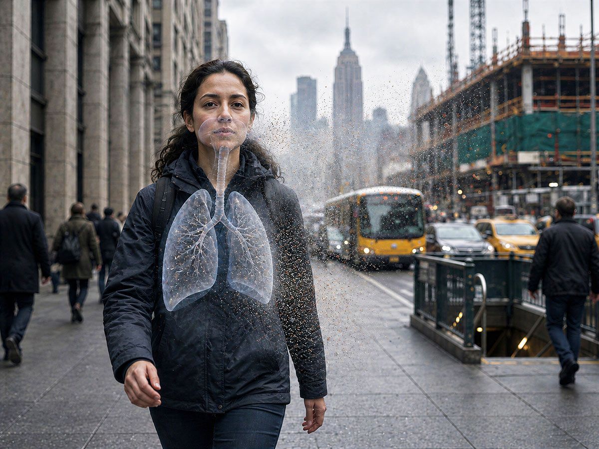 Person walking on a snowy city street with visible lungs overlaid, breathing unhealthy air particles
