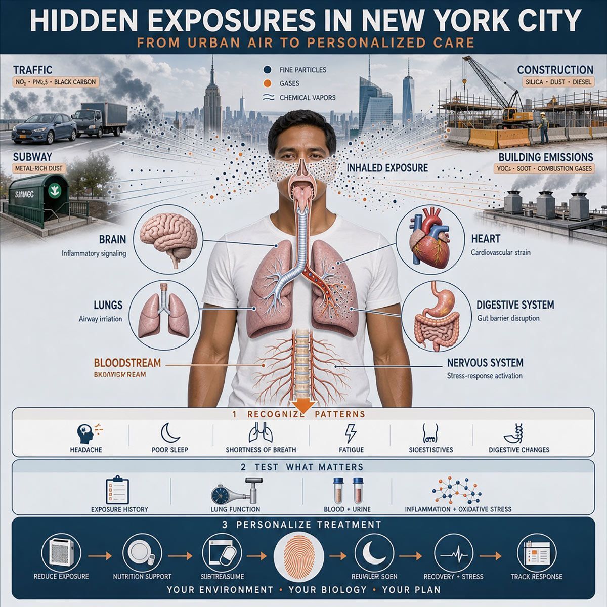 Click to Enlarge Infographic on hidden exposures in New York City, showing a person overlaid with lungs, heart, and pollution sources.