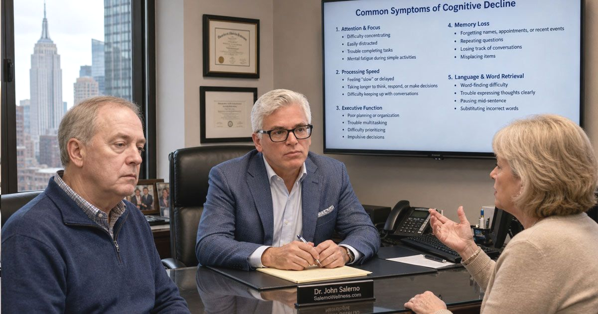 Dr. John Salerno is meeting with a senior couple interested in cognitive function treatments NYC