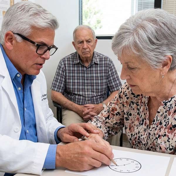 Dr. John Salerno is examining a senior patient for cognitive decline