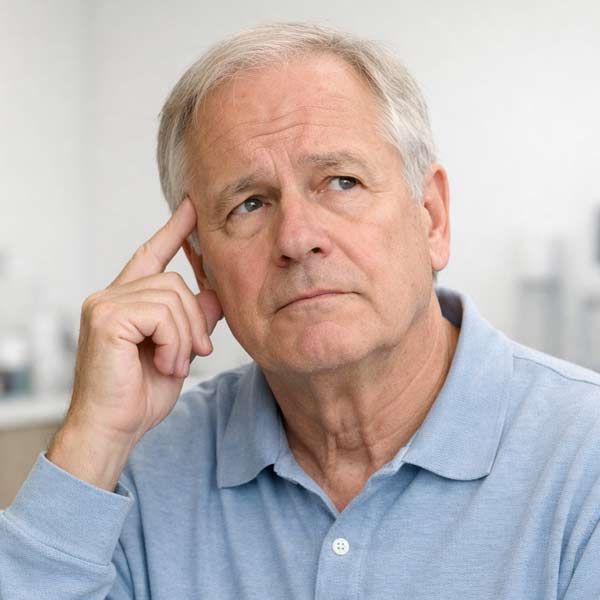Man with Subjective Cognitive Decline in a light blue shirt, resting his finger at his temple, looking thoughtful.