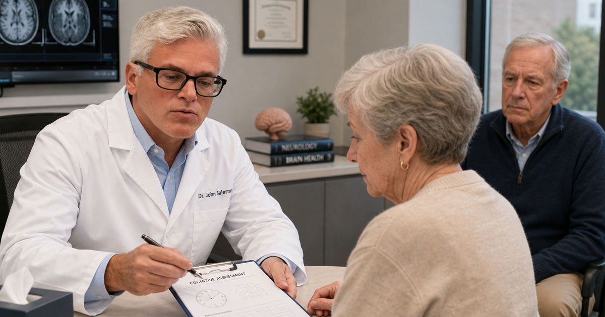 Dr. John Salerno is giving a cognitive function decline test to a senior female patient while her husband watches with concern.