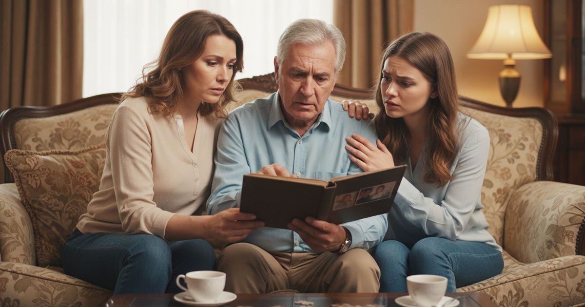 Husband with Cognitive Function Decline looking at a scrapbook with a confused expression while his wife and daughter look on with concern.
