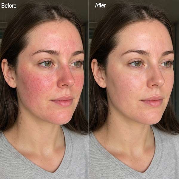 Side-by-side before-and-after portrait showing reduced rosacea and facial redness and improved skin tone.