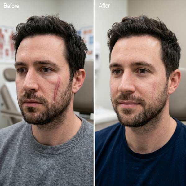 Before-and-after portrait of a man, showing a facial scar on the left and an after scar reduction treatment.