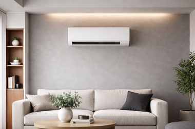 Modern living room with beige sofa, wall-mounted air conditioner, coffee table, and indoor plants