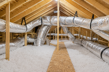 Attic with silver HVAC ducts and insulation beneath wooden rafters
