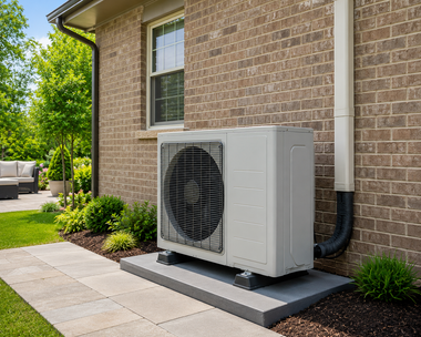 Outdoor HVAC unit beside a brick house on a concrete pad near a sidewalk and shrubs