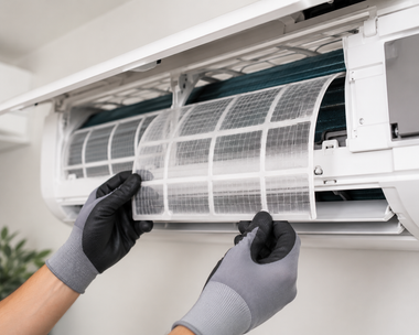 Gloved hands cleaning an air conditioner filter in a white wall-mounted unit.