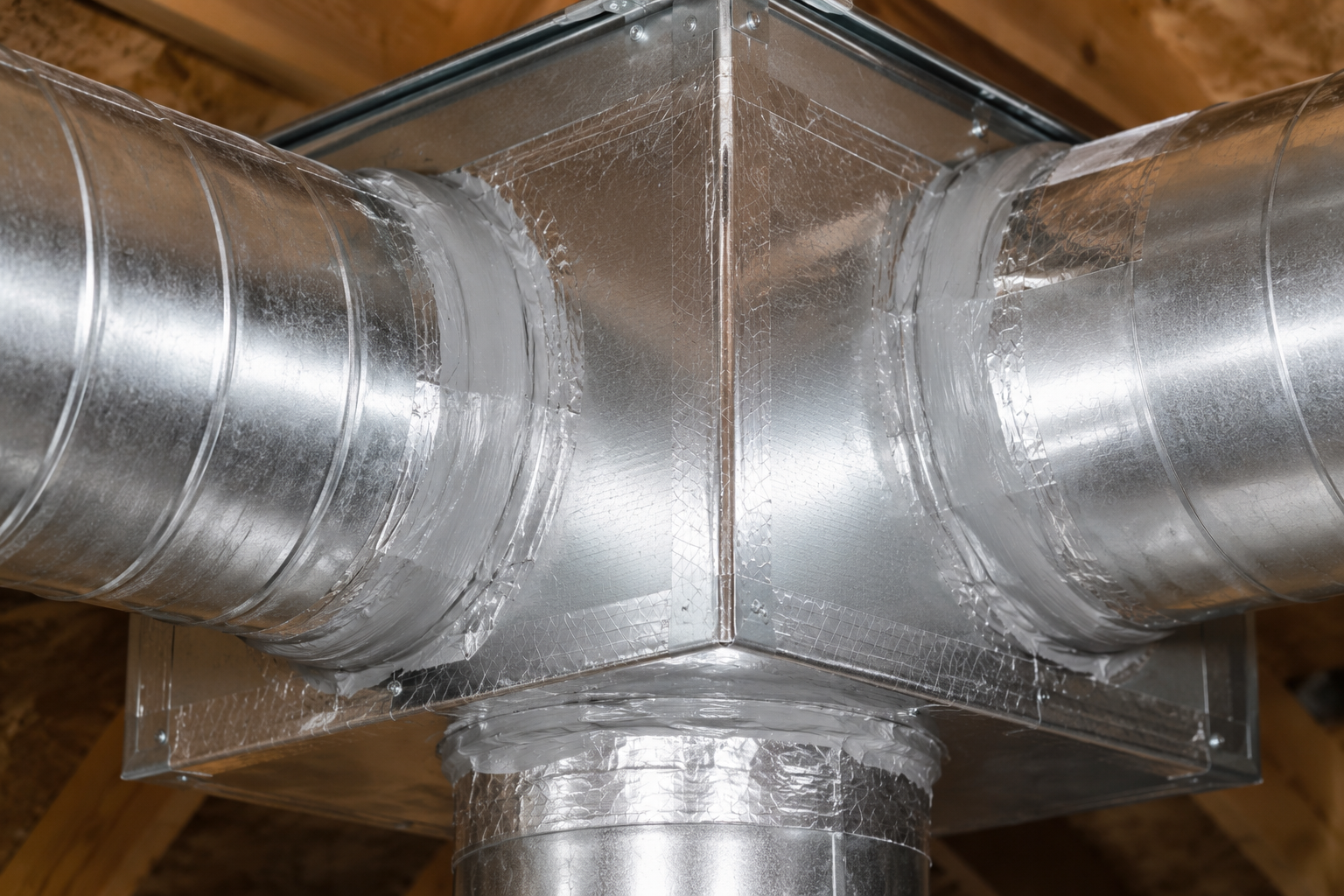 Metal HVAC ductwork junction with silver round ducts meeting at a central T-shaped connector.