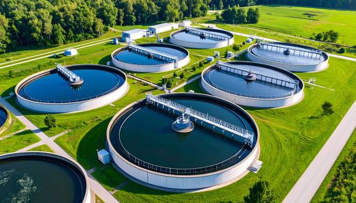 Vue aérienne d'une station d'épuration des eaux usées avec plusieurs bassins circulaires entourés d'herbe verte.