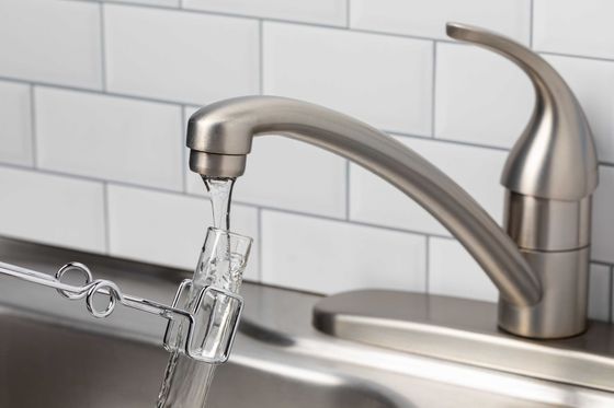 L'eau du robinet remplit un petit verre maintenu par une grille dans l'évier de la cuisine.