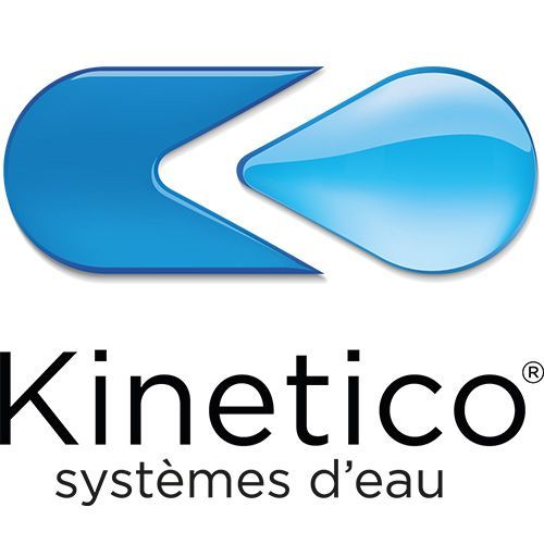 Blue Kinetico logo: stylized water droplet symbol with company name and French text.