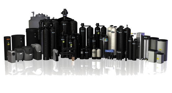 Collection of black and gray industrial water filtration systems, various sizes and shapes.