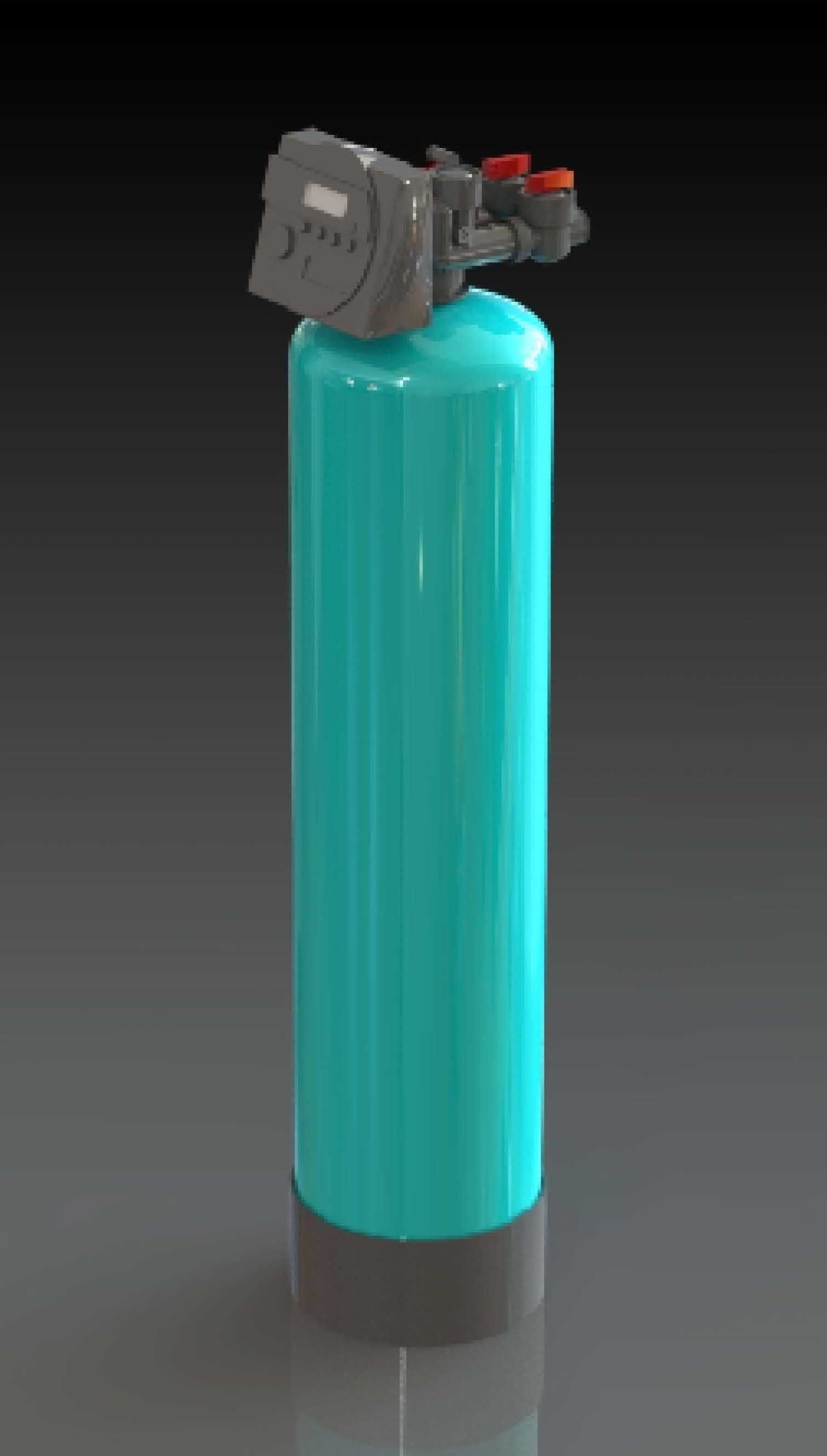 Un système de filtration d'eau vertical, de couleur turquoise, se détache sur un fond sombre. Il est équipé d'une minuterie numérique et de vannes rouges.