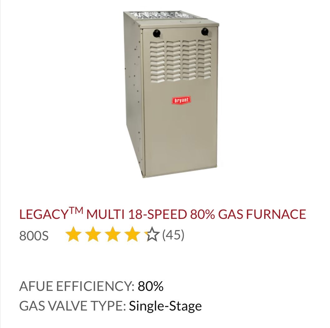 A picture of a legacy multi 18 speed 80 % gas furnace.