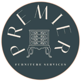 A logo for premier furniture services with a dresser in the center