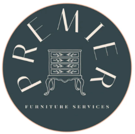 A logo for premier furniture services with a dresser in the center