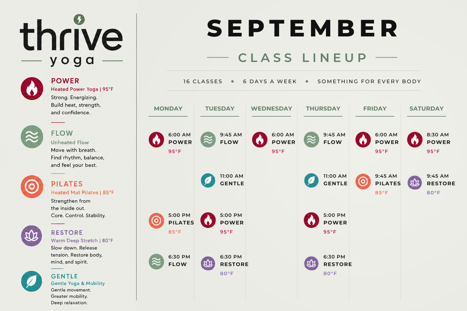 Thrive Yoga August 10 class lineup poster with colorful schedule blocks and session times