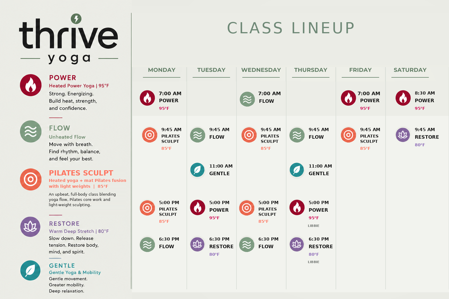 Thrive Yoga current class lineup poster with colorful schedule blocks and session times