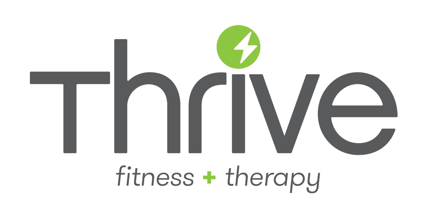 Thrive fitness + therapy logo in gray and green with a green lightning bolt icon