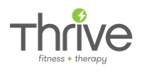 Thrive fitness + therapy logo in gray and green with a green lightning bolt icon