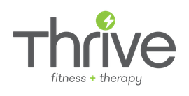 Thrive fitness + therapy logo in gray and green with a green lightning bolt icon