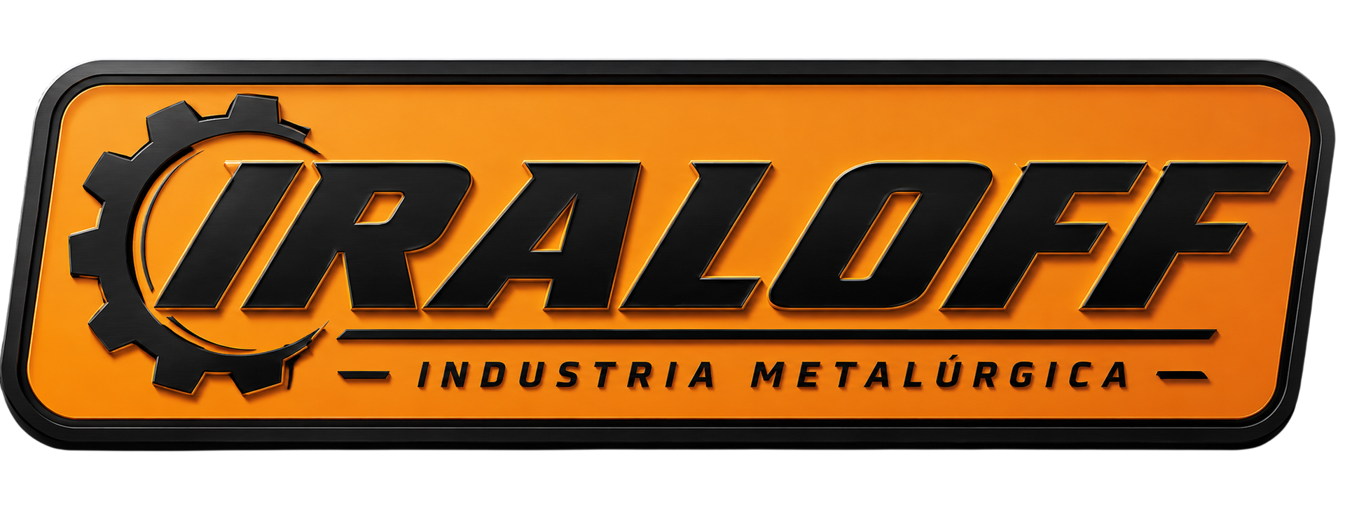 Logotipo de metalurgia industrial Iraloff en naranja y negro con icono de engranaje