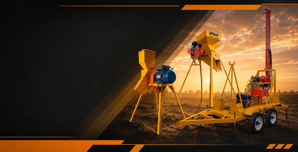 Obra en construcción nocturna con una plataforma de perforación, una excavadora y trabajadores iluminados por luces de color naranja brillante.