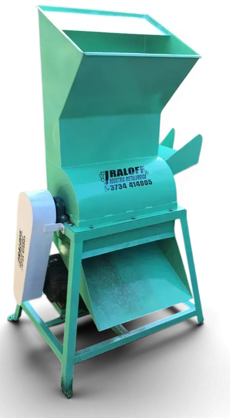 Máquina industrial turquesa con tolva y cinta transportadora, mostrada sobre un fondo blanco.