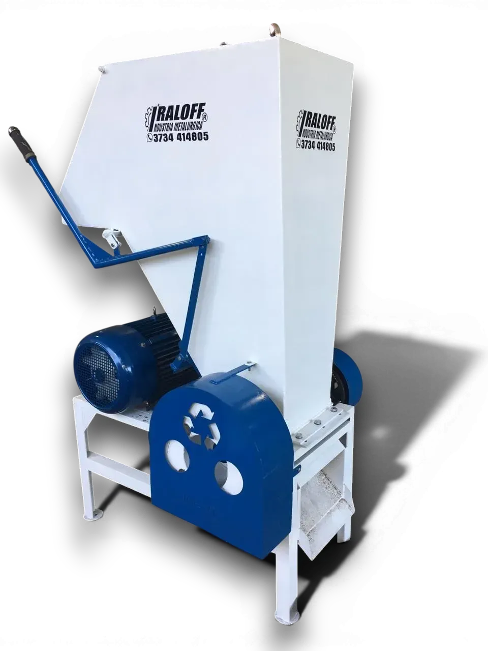Máquina industrial de metal azul y blanco con motor y palanca angular sobre un bastidor blanco.