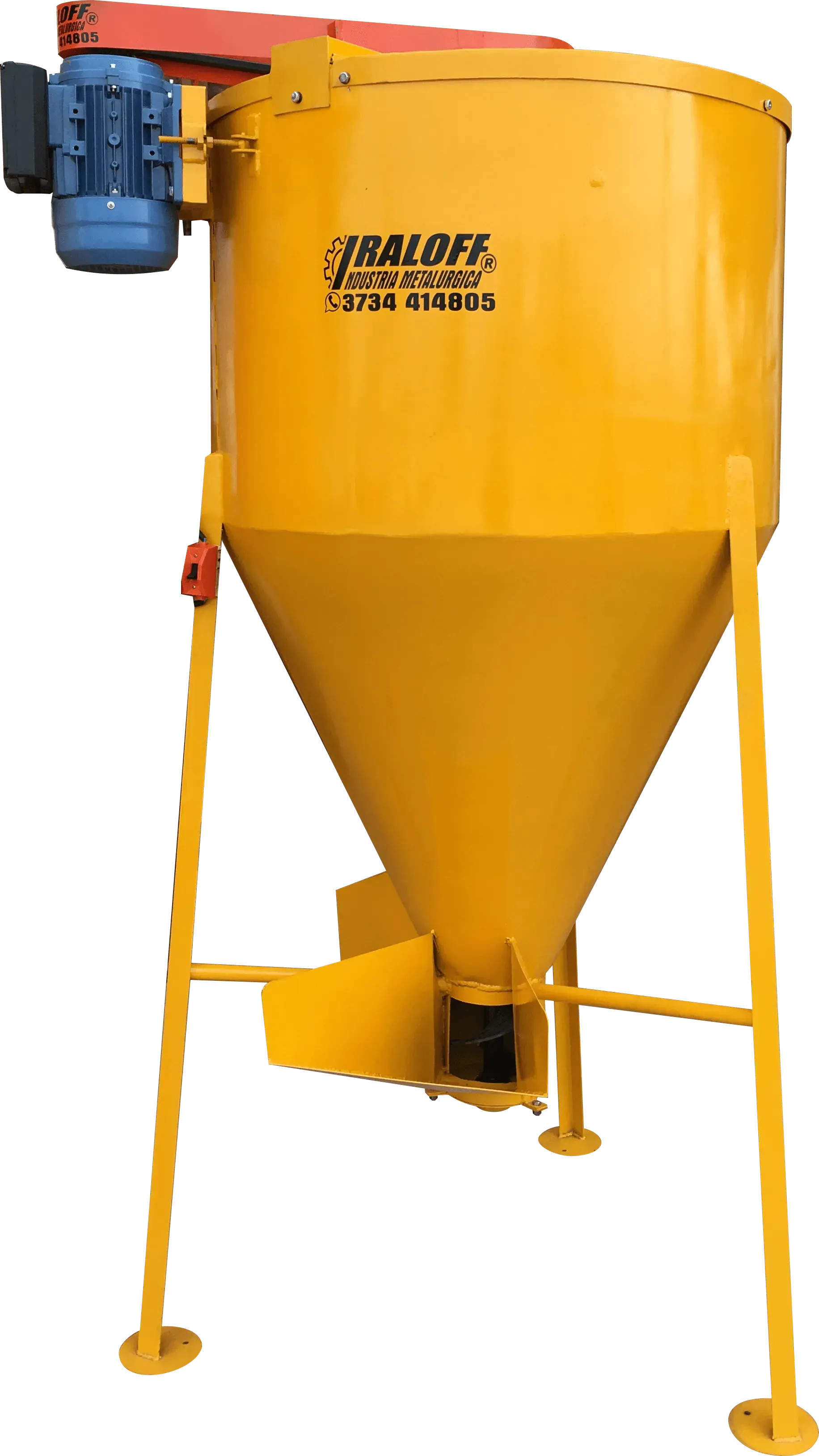 Silo tolva industrial amarillo con fondo cónico, motor azul y patas de soporte naranjas.