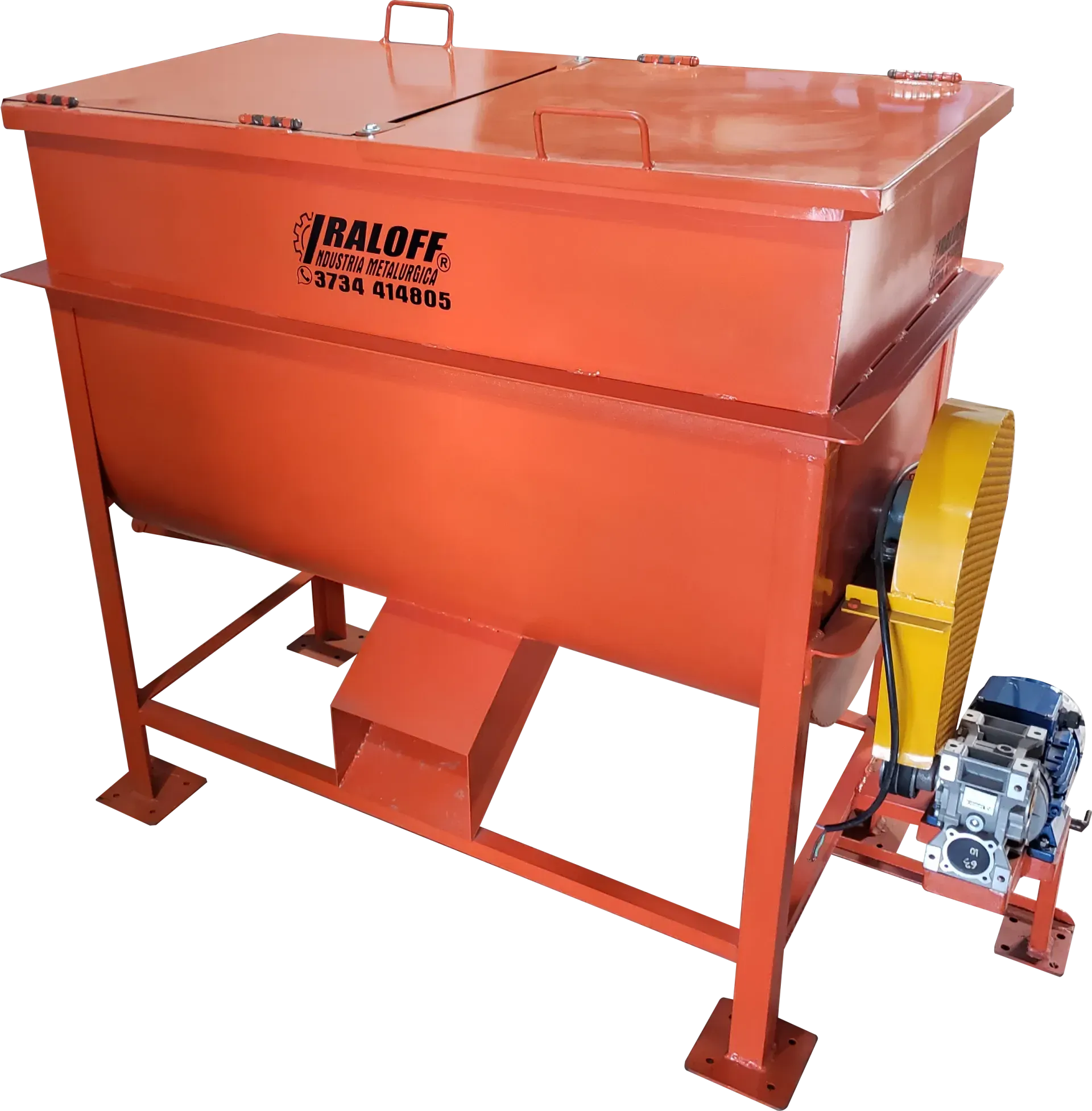 Mezcladora industrial de tolva naranja con marco rojo y motor amarillo sobre fondo blanco.